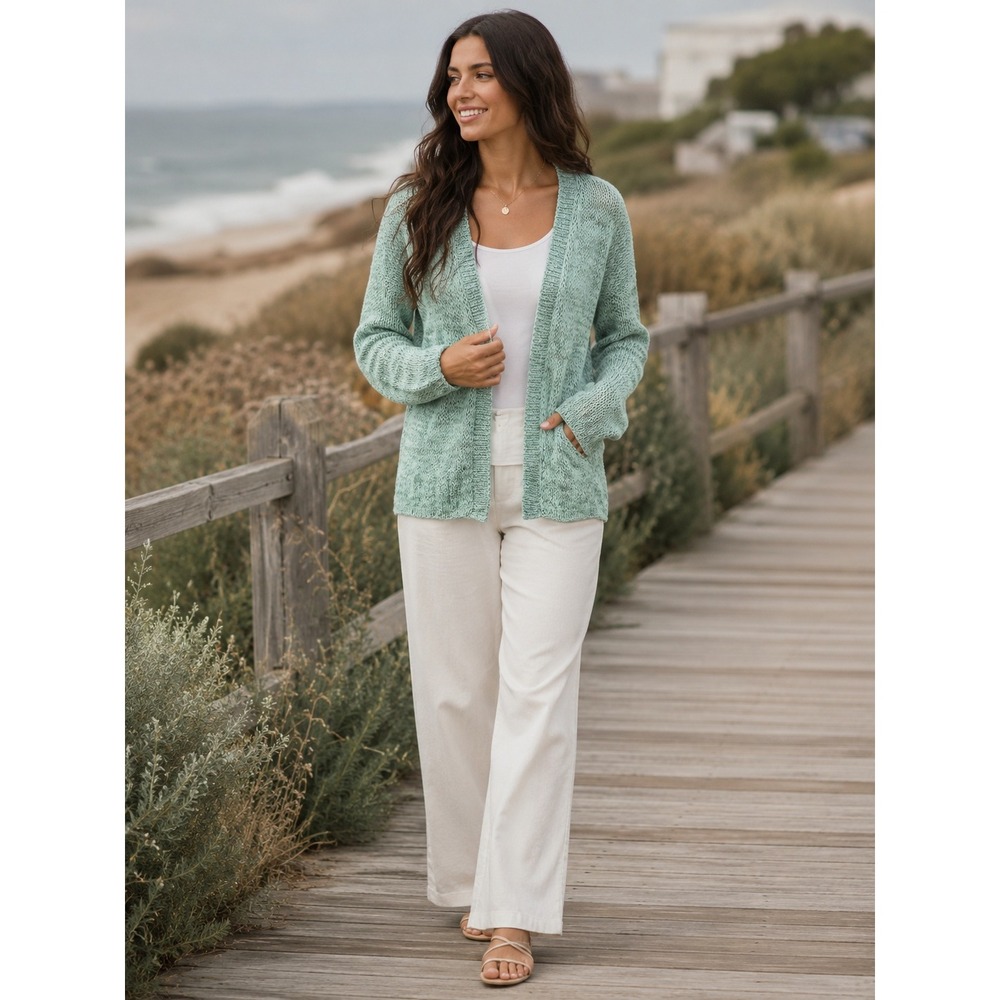 Wooden Ships‎ Open Knit Cardigan Sweater S M Mint Green Lightweight Boho Costal